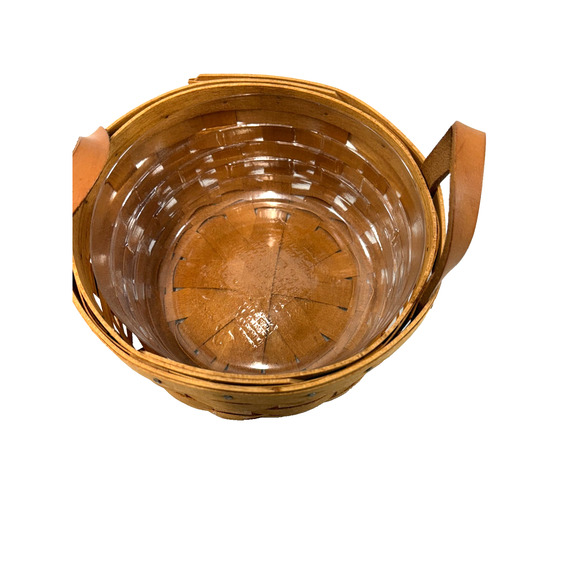 1993 Longaberger Button Basket w/2 Leather Handles Protector 7"RD x 3"H Vintage - Picture 2 of 3